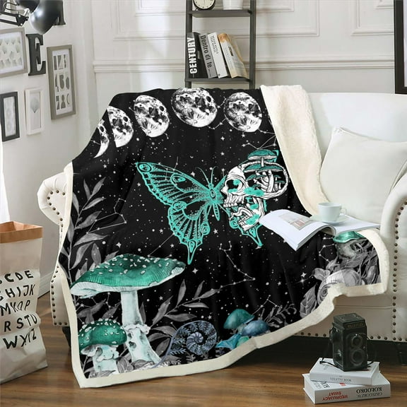 Skull Skeleton Bones Throw Blanket Green Boho Death Moth Butterfly Fuzzy Blanket Sun and Moon Galaxy Celestial Fleece Blanket Botanical Mushrooms Fungus Gothic Decor Blanket, Throw