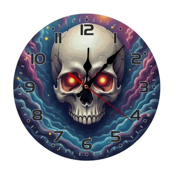 Skull Skeleton Eyes Wall Clock 10 Inch Silent Non Ticking Round Wooden Clock Decoration for Living Room Kitchen Bedroom Bathroom Office Classroom