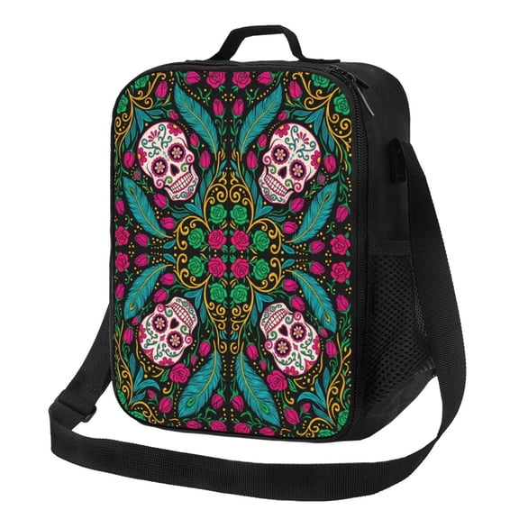 Skull Skeleton Floral Insulated Lunch Bag For Men Women Reusable Lunch Box Container Waterproof Portable Cooler Thermal Tote Bag For Work Office Picnic Beach Travel