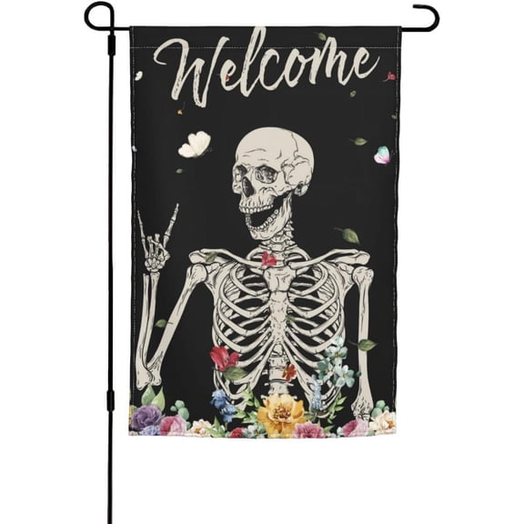 Skull Skeleton Gothic Hippie Halloween Garden Flag, Welcome Party Outdoor Yard Decor, 12 x 18 Inch