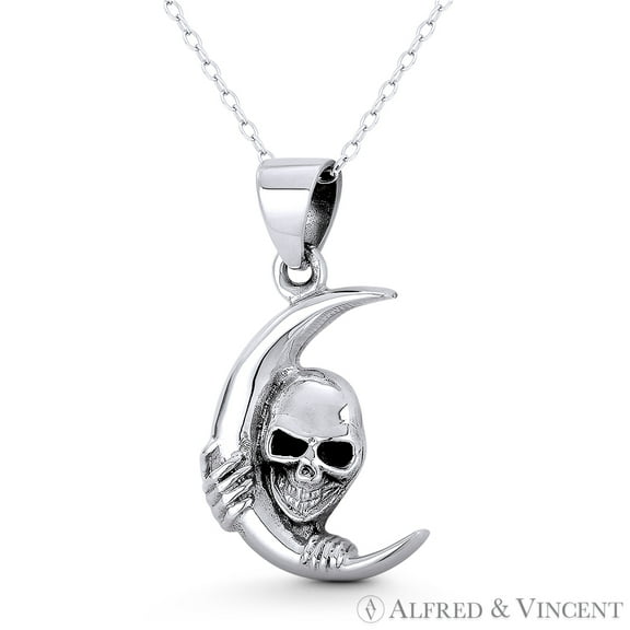 Skull / Skeleton Head on Crescent Moon Charm 30x17mm (1.2x0.7mm) Pendant & Chain Necklace in Oxidized .925 Sterling Silver
