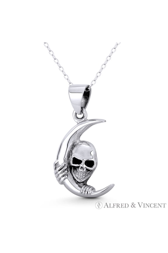 Skull / Skeleton Head on Crescent Moon Charm 30x17mm (1.2x0.7mm) Pendant & Chain Necklace in Oxidized .925 Sterling Silver