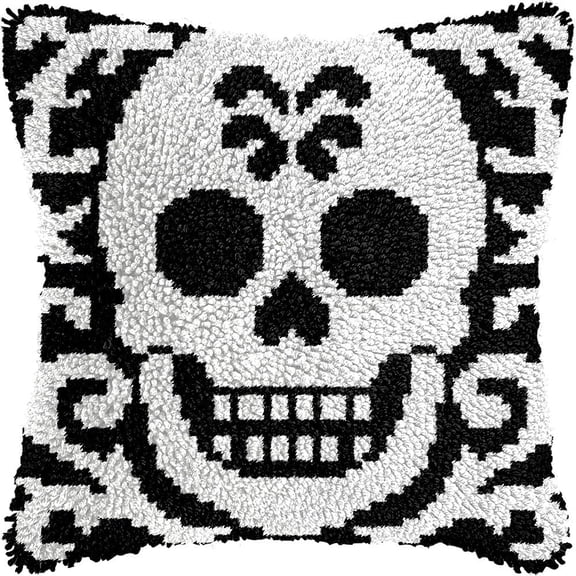 Skull Skeleton Latch Hook Kits Pillow DIY Pillowcase Crochet Hook Cushion Making Kits with Preprinted Pattern Canvas Instruction Yarns Pillow Cover Easy Starter DIY Crochet Kits 43x43cmf309)