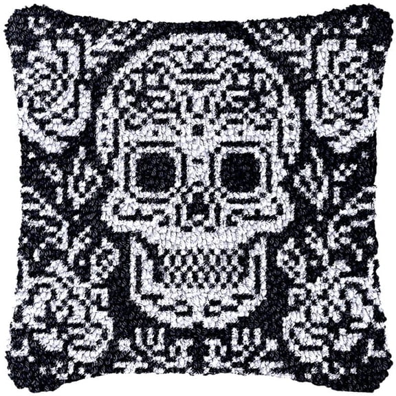 Skull Skeleton Latch Hook Pillow Cover Kits for DIY Handmade Throw Pillow Cross Stitch Hooking Pillow Kits with Preprinted Color Pattern Canvas Crochet Yarn Kits 17''X 17''(yf206)