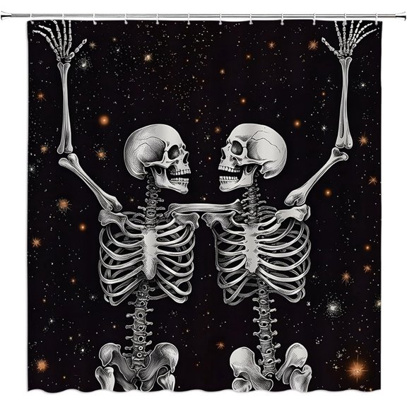 Skull Skeleton Shower Curtain Funny Dance Halloween Dancing Fun Joints Party Black White Spooky Starry Night Fabric Bathroom Curtain with Hook