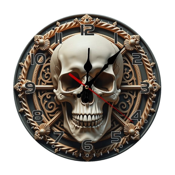 Skull Skeleton Wall Clock 10 Inch Silent Non Ticking Round Clock Decoration for Living Room Kitchen Bedroom Bathroom Office Classroom