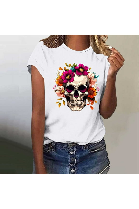 Skull Skull Top Women Cadancy,Short Sleeve Tees Loose Fit,Summer Work Blouses Plus Size,Fall Clothing Teen Girls,Ropa Para NiñA,2X