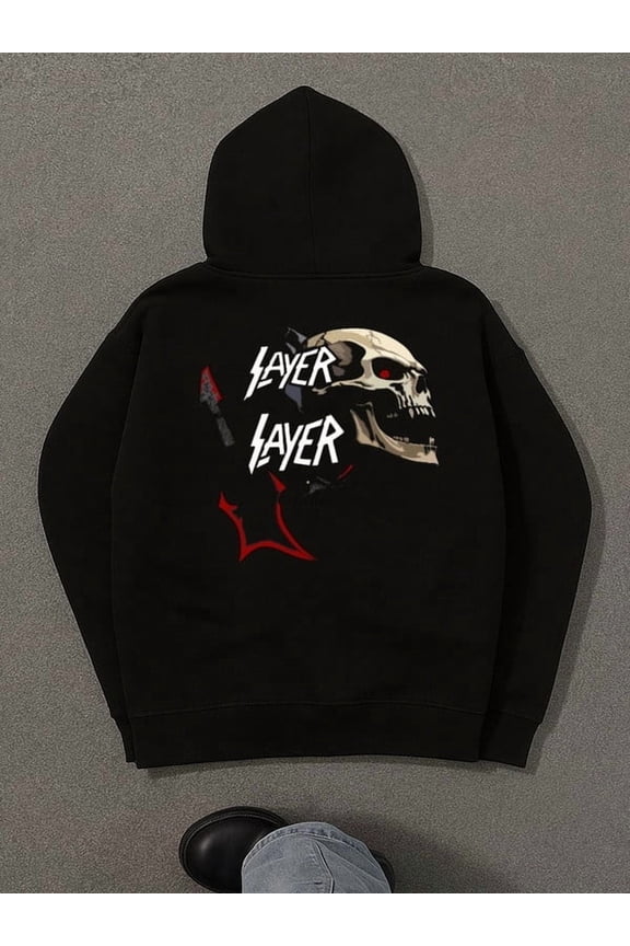 Skull Slayer Hoodie graphic hoodies men regular fit black Winter wear, vintage style, comfortable fit, patterned sweatshirt, streetwear lovers streetwear Casual Unisex Shirt Cotton tshirts