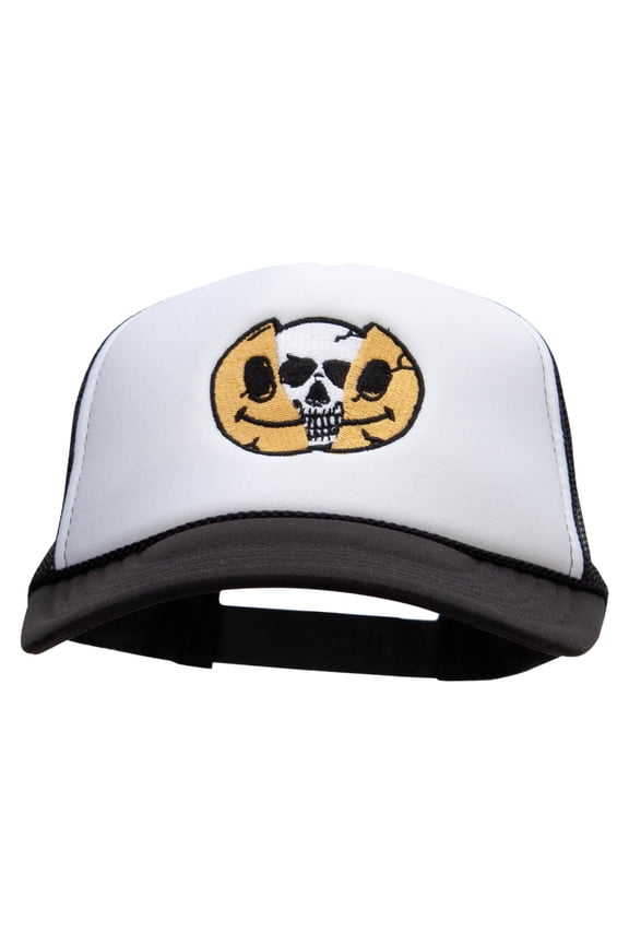 Skull Smile Embroidered Foam Panel Mesh Snapback - Black White OSFM