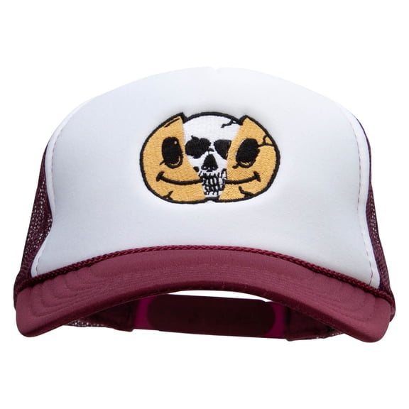 Skull Smile Embroidered Foam Panel Mesh Snapback - Maroon White OSFM