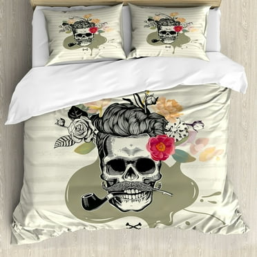 Skull Smoking Duvet Cover Set, Mustached Skeleton Head Image on Floral Background Illustration, Decorative 3 Piece Bedding Set with 2 Pillow Shams, Calking Size, Cream and Multicolor, by Ambesonne