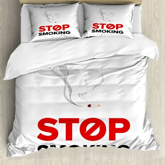 Skull Smoking Duvet Cover Set, Smoke of Cigarette Depicted as Skeleton Head Saying Stop Using it, Decorative 3 Piece Bedding Set with 2 Pillow Shams, King Size, Pearl and Multicolor, by Ambesonne