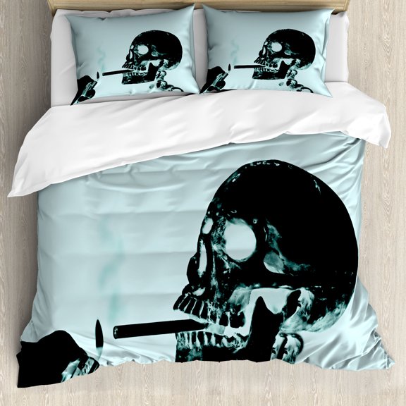 Skull Smoking Duvet Cover Set, X-ray Like Image of Skeleton and Killing Cigarettes Art Print, Decorative 3 Piece Bedding Set with 2 Pillow Shams, Queen Size, Pale Blue Charcoal Grey, by Ambesonne