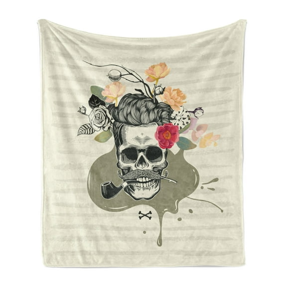 Skull Smoking Soft Flannel Fleece Throw Blanket, Mustached Skeleton Head Image on Floral Background Illustration, Cozy Plush for Indoor and Outdoor Use, 70" x 90", Cream and Multicolor, by Ambesonne