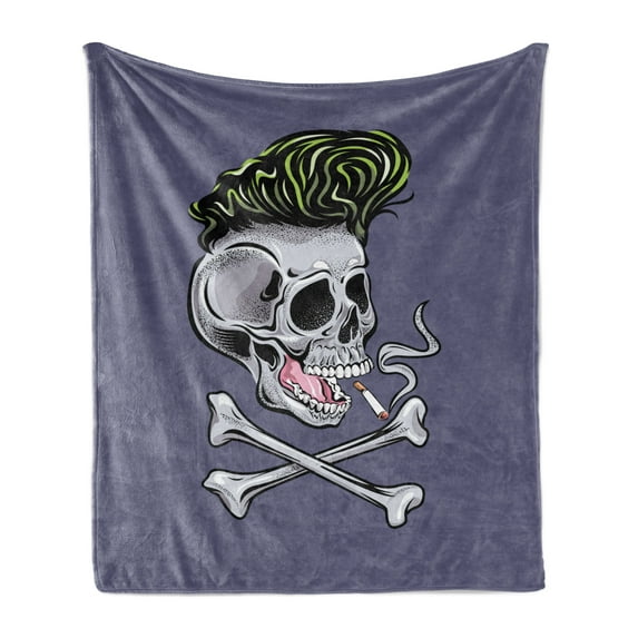 Skull Smoking Soft Flannel Fleece Throw Blanket, Punk Skeleton Head Illustration Depicted as Warning Symbol, Cozy Plush for Indoor and Outdoor Use, 50" x 60", Dark Indigo and Multicolor, by Ambesonne