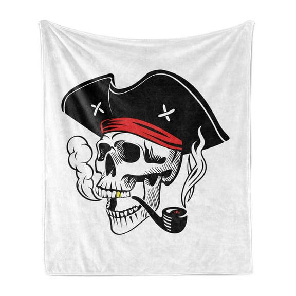 Skull Smoking Soft Flannel Fleece Throw Blanket, Skeleton Head Image Wearing a Pirate Head Sailing Theme Print, Cozy Plush for Indoor and Outdoor Use, 60" x 80", White and Charcoal Grey, by Ambesonne