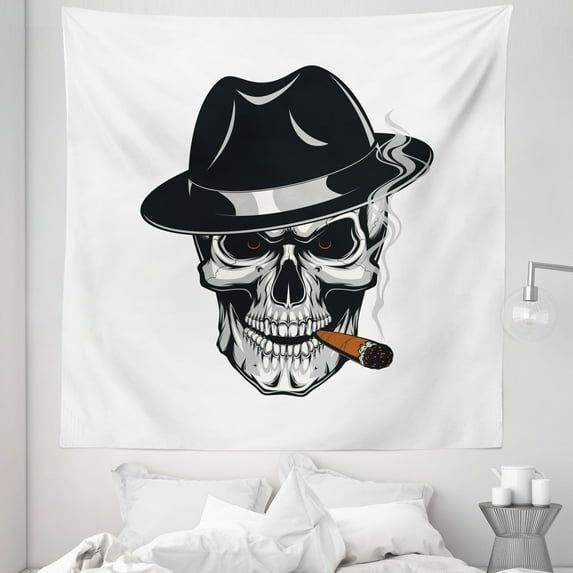 Skull Smoking Tapestry, Human Skeleton Head Portrait Wearing Fedora Hat and Cigar in his Mouth, Fabric Wall Hanging Decor for Bedroom Living Room Dorm, 5 Sizes, White Multicolor, by Ambesonne