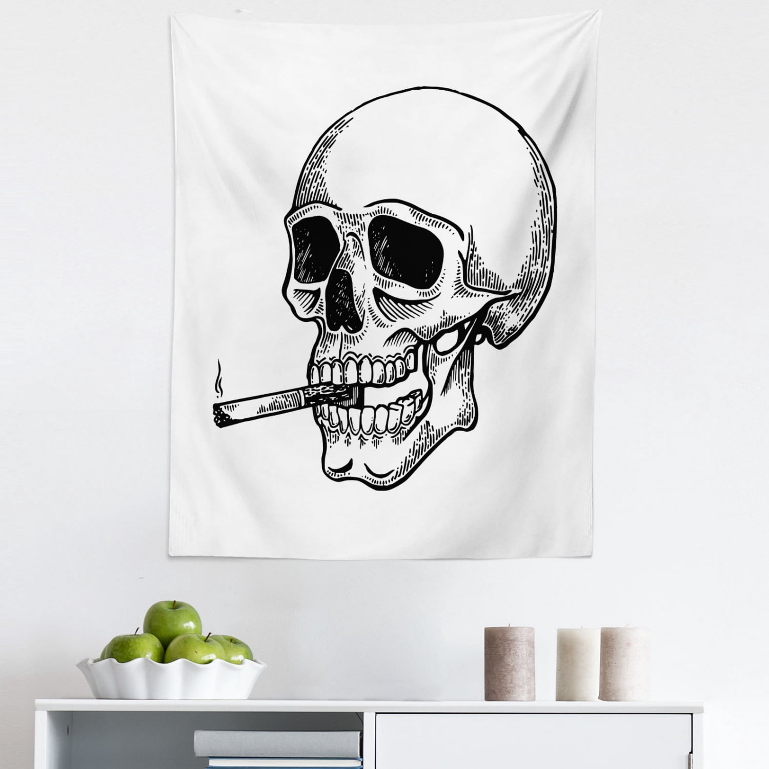 Skull Smoking Tapestry, Monochrome Art Human Skeleton Head Sketch and  Cigarette in his Mouth, Fabric Wall Hanging Decor for Bedroom Living Room  Dorm, 5 Sizes, White Charcoal Grey, by Ambesonne