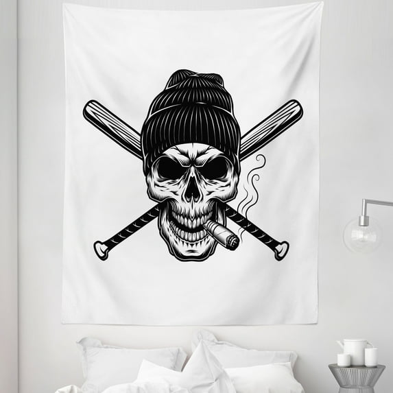 Skull Smoking Tapestry, Skeleton Head Illustration in Beanie Hat and Crossed Baseball Bats, Fabric Wall Hanging Decor for Bedroom Living Room Dorm, 5 Sizes, White Charcoal Grey, by Ambesonne