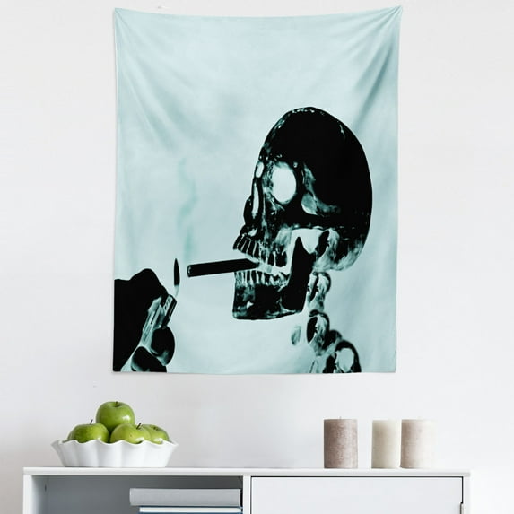 Skull Smoking Tapestry, X-ray Like Image of Skeleton and Killing Cigarettes Art Print, Fabric Wall Hanging Decor for Bedroom Living Room Dorm, 5 Sizes, Pale Blue Charcoal Grey, by Ambesonne