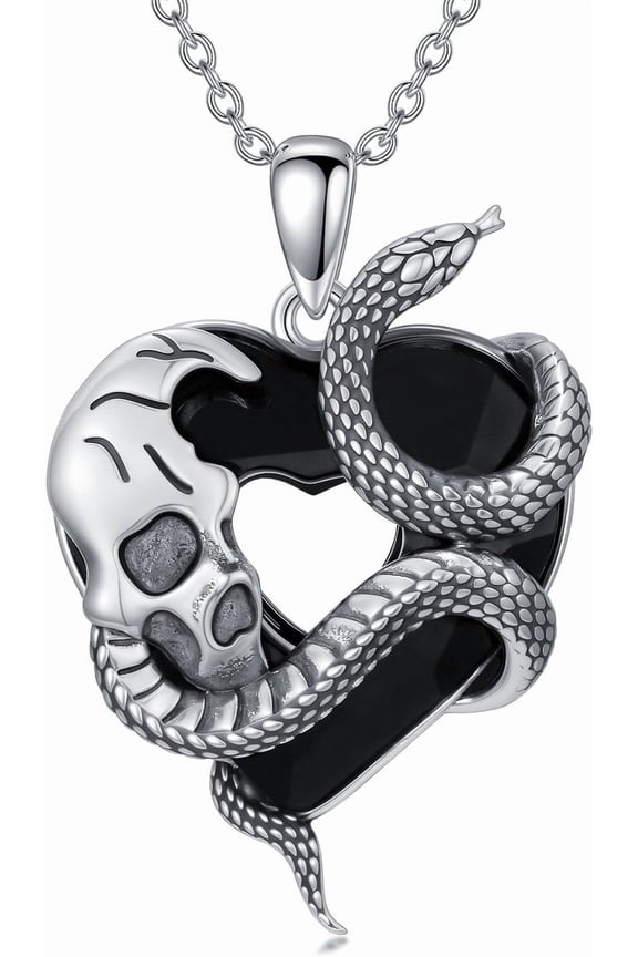 Skull Snake Necklace 925 Sterling Silver Black Heart Crystal Skull Pendant, Gothic Skeleton Snake Necklace Goth Punk Jewelry Gifts for Men Women Birthday Halloween