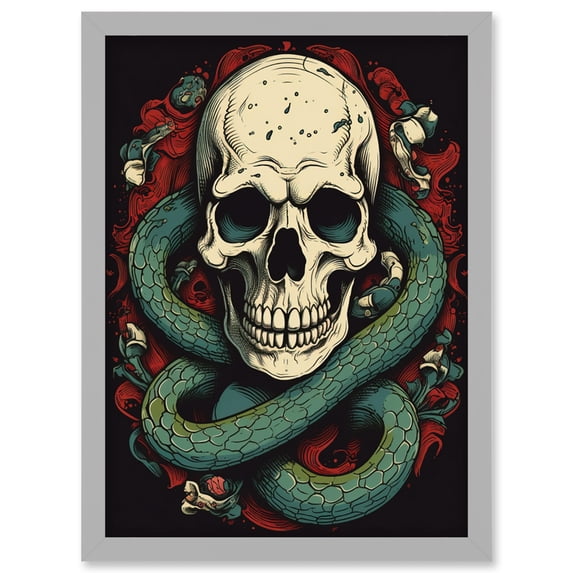 Skull Snake and Flowers Tattoo Ink Body Art Rockabilly Americana 50s Artwork Framed Wall Art Print A4