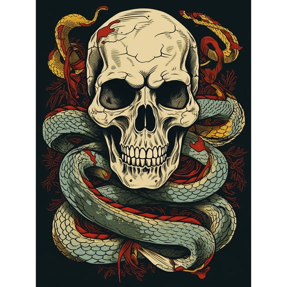 Skull Snakes Old School USA Tattoo Ink Body Art Rockabilly Americana 50s Large Wall Art Poster Print Thick Paper 18X24 Inch