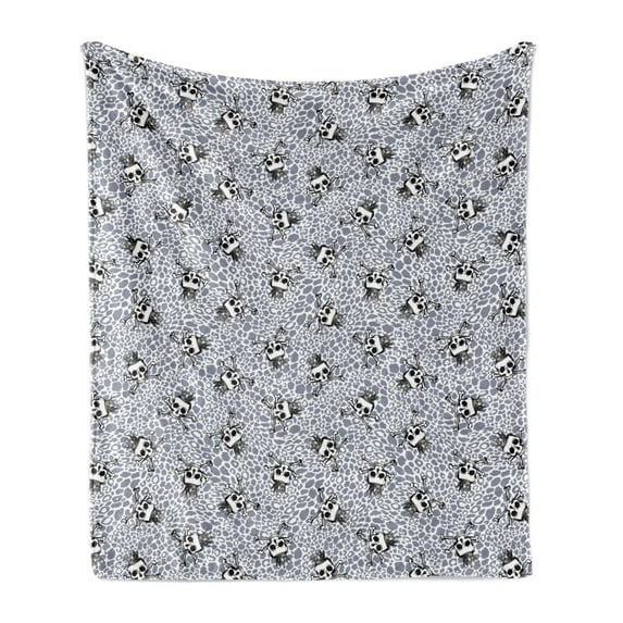 Skull Soft Flannel Fleece Blanket, Crowned Skull Crossbones Illustration Against Animal Skin Print Pattern, Cozy Plush for Indoor and Outdoor Use, 50" x 60", Black White Purplegrey, by Ambesonne