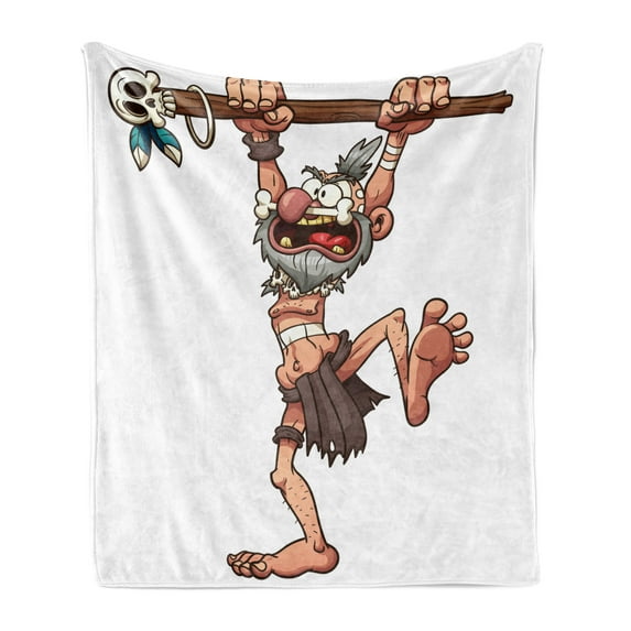 Skull Soft Flannel Fleece Blanket, Prehistoric Witch Doctor Holding a Staff with a Skull in His Hands Illustration, Cozy Plush for Indoor and Outdoor Use, 70" x 90", White and Brown, by Ambesonne