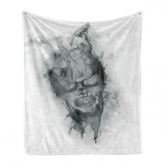 Skull Soft Flannel Fleece Throw Blanket, Contemporary Illustration of Smokey Grungy Dark Horror Style Devil Evil Print Art, Cozy Plush for Indoor and Outdoor Use, 60" x 80", Grey White, by Ambesonne