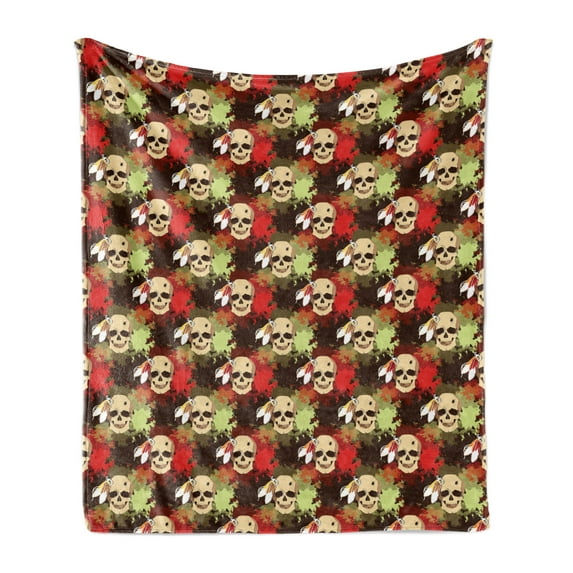 Skull Soft Flannel Fleece Throw Blanket, Skull with Feathers Tribe Backdrop with Colorful Blood Splash, Cozy Plush for Indoor and Outdoor Use, 70" x 90", Pistachio Green Cream, by Ambesonne