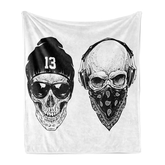Skull Soft Flannel Fleece Throw Blanket, Funny Skull Band Dead Street Gangs with Bandanna Hood Rapper Style Grunge Print, Cozy Plush for Indoor and Outdoor Use, 50" x 60", Black White, by Ambesonne