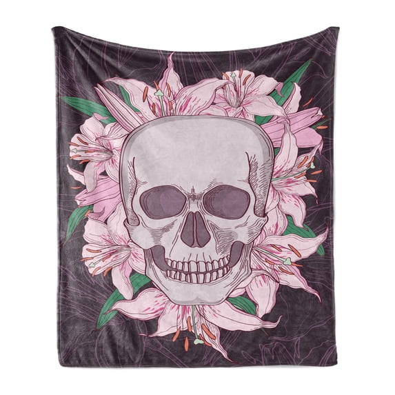 Skull Soft Flannel Fleece Throw Blanket, Gothic Botanical Design Graphic with Lily Blooms with Skeleton Head, Cozy Plush for Indoor and Outdoor Use, 50" x 60", Multicolor, by Ambesonne