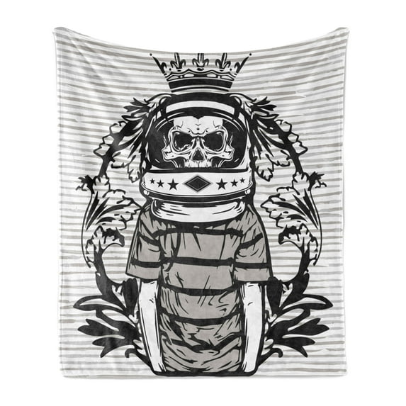 Skull Soft Flannel Fleece Throw Blanket, Graphic Skull Space Astronaut Man with a Crown and Flowers Illustration Print, Cozy Plush for Indoor and Outdoor Use, 60" x 80", Black and White, by Ambesonne