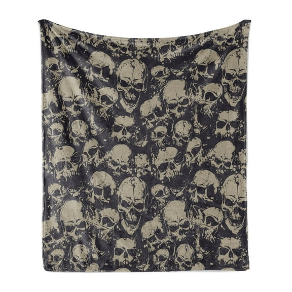 Skull Soft Flannel Fleece Throw Blanket, Grunge Scary Skulls Sketchy Graveyard Death Evil Face Horror Theme Design, Cozy Plush for Indoor and Outdoor Use, 50" x 60", Charcoal Grey Tan, by Ambesonne