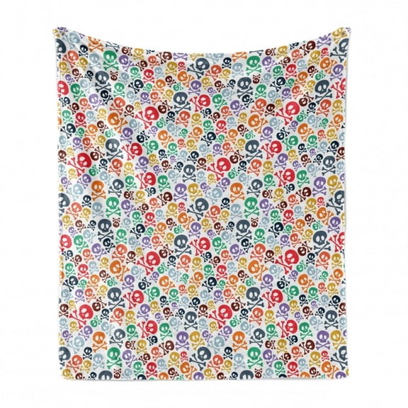 Skull Soft Flannel Fleece Throw Blanket, Halloween Themed Colorful Skulls and Crossbones Funny Cartoon Style Pattern Print, Cozy Plush for Indoor and Outdoor Use, 50" x 60", Multicolor, by Ambesonne