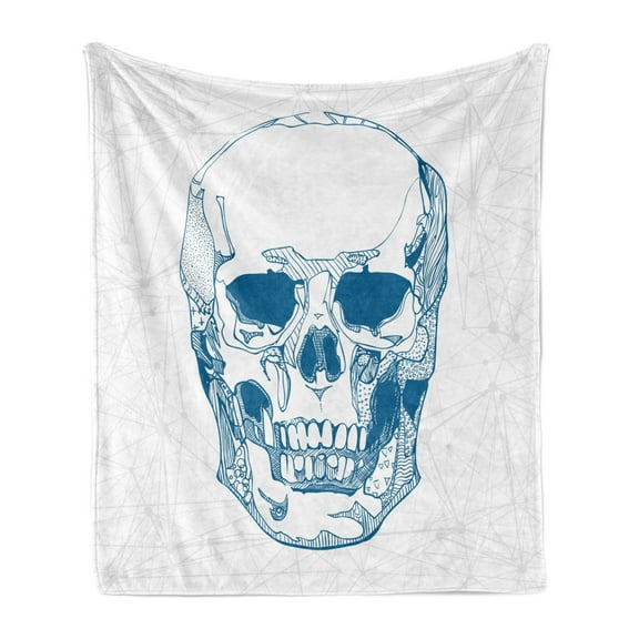 Skull Soft Flannel Fleece Throw Blanket, Hand Drawn Human Skull with Science Elements Background Theme Illustration, Cozy Plush for Indoor and Outdoor Use, 50" x 60", Blue White, by Ambesonne