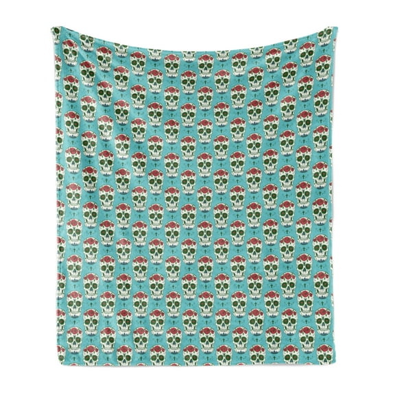Skull Soft Flannel Fleece Throw Blanket, Oriental and Roses on Skull South American Culture Vintage Style, Cozy Plush for Indoor and Outdoor Use, 70" x 90", Seafoam Green and Ruby, by Ambesonne