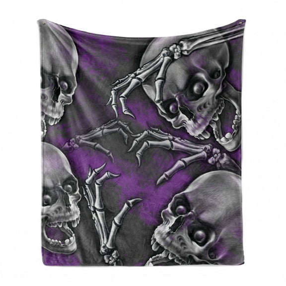 Skull Soft Flannel Fleece Throw Blanket, Scary Creepy Spooky Happy Smiling Skeleton Boned Hand Artwork Print, Cozy Plush for Indoor and Outdoor Use, 50" x 60", Purple Grey and Black, by Ambesonne