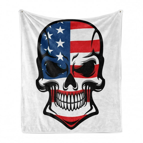 Skull Soft Flannel Fleece Throw Blanket, Scary Old Skull Horror USA Dead Native of the Country States Evil Art Print, Cozy Plush for Indoor and Outdoor Use, 50" x 60", Blue White Red, by Ambesonne