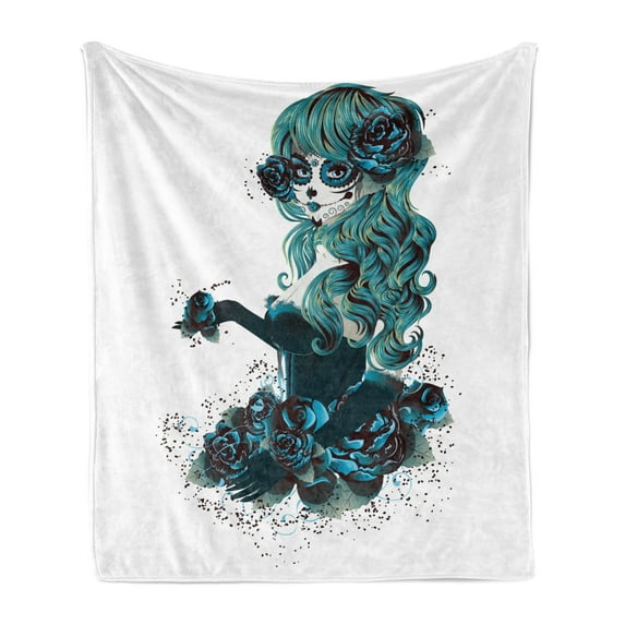 Skull Soft Flannel Fleece Throw Blanket, Vintage Sugar Shape Girl Day of the Dead Bride Dark Color Roses Graphic, Cozy Plush for Indoor and Outdoor Use, 50" x 60", Petrol Blue White, by Ambesonne