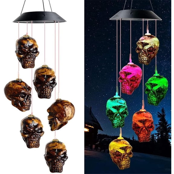 Skull Solar Wind Chime Lights, Halloween Solar Powered Wind Bell Skeleton LED String Light Windchime Outdoor Halloween Hanging Decorations Haunted House Props Gift