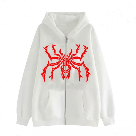 Skull Spider Graphic Hoodie Gothic Style Zip-Up Vintage Sweatshirt Unisex Oversized Casual Streetwear Pullover