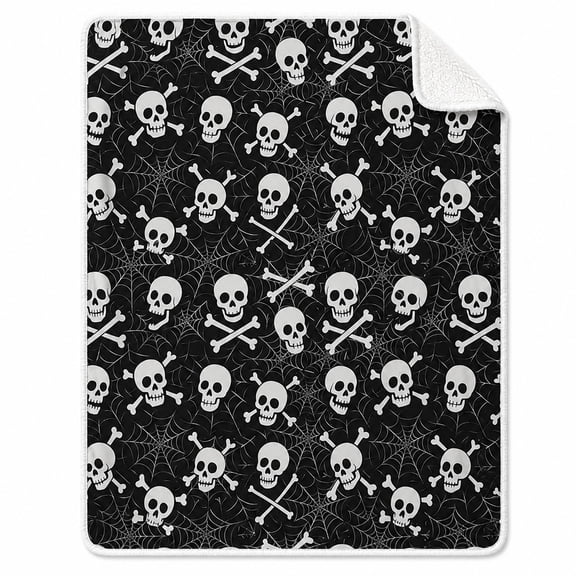 Skull Spiderweb Sherpa Fleece Throw Blanket, Gothic Black Decor