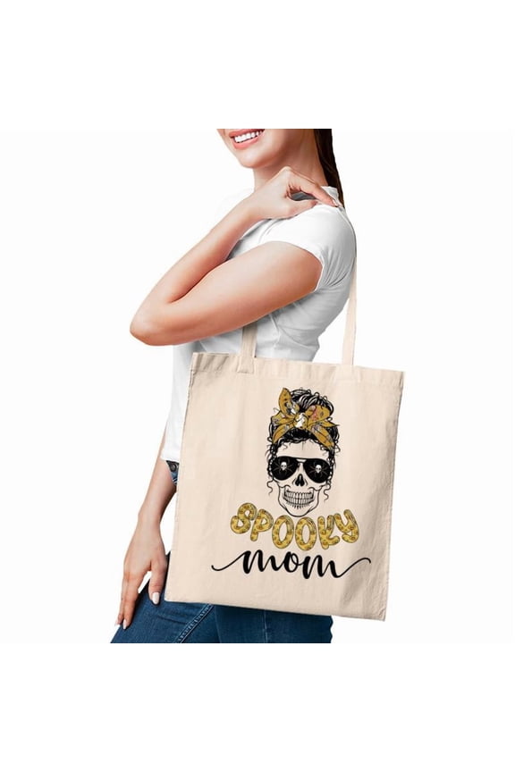 Skull Spooky Mom Messy Bun Mama Spider Halloween Zombie Tote Bag