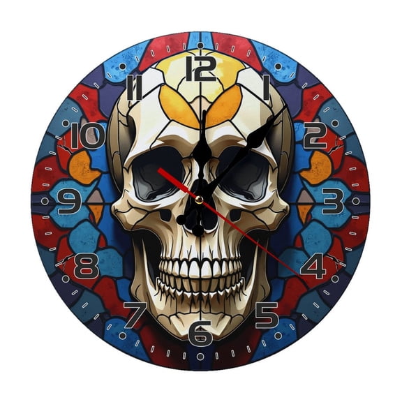 Skull Stained Glass Gothic Wall Clock 10 Inch Silent Non Ticking Round Clock Decoration for Living Room Kitchen Bedroom Bathroom Office Classroom