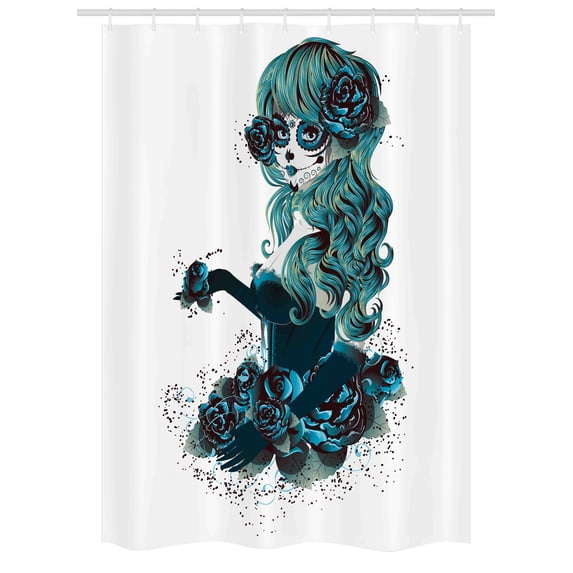 Skull Stall Shower Curtain, Vintage Sugar Skull Girl Day of the Dead Bride with Dark Color Roses Graphic, Fabric Bathroom Set with Hooks, 54W X 78L Inches, Petrol Blue White, by Ambesonne