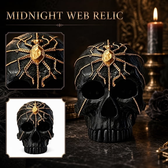 Skull Statue with Golden , Hand Painted Resin Skull for Halloween Decorations, Home Decor Figurine for Shelf, Desk & Mantle, Horror Decor, A