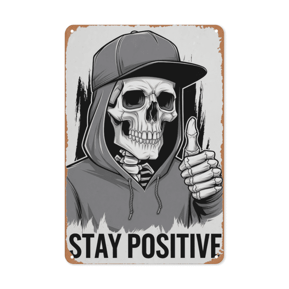 Skull Stay Positive metal sign Gothic Wall Decor Vintage Motivational Art Perfect Hanging Bedroom Studio With Weatherproof Coating Edgy Gift Alt Teens Young Adult 8x12 inch metal sign rustic metal