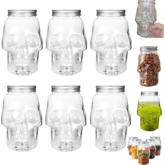 Skull Storage Jar, Skull Mason Jars with Lids for Spices Seasonings, Unique Skulls Canister for Home Decor, Reusable Jar Organizer Pantry Display, Multi Function Drinking Bottle